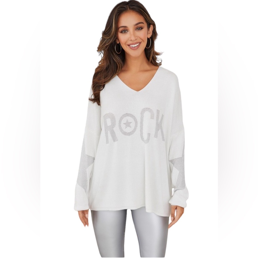 Venti 6 White Silver Sequin Rock Start V- Neck Long Sleeve Sweater Top